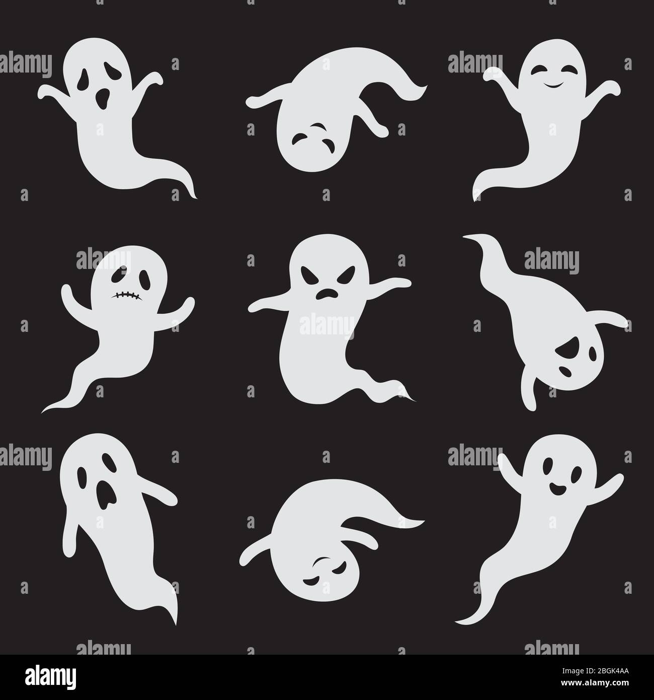 Fantasma. Halloween facce spettrali. Icone isolate da vettori mostruosi. Faccia bianca fantasma, immagine spaventosa e spaventosa Illustrazione Vettoriale
