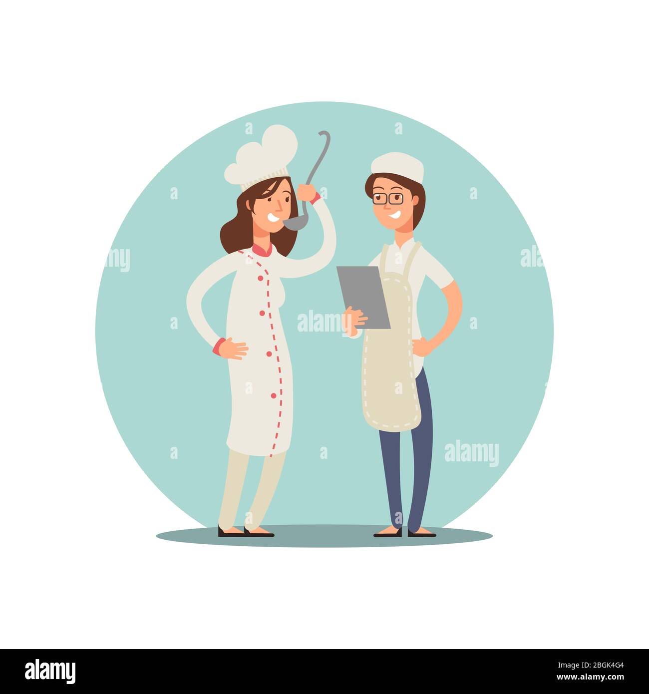 Due chef sorridenti che degustano cibo. Cuochi professionisti cartoon carattere disegno icona isolato su bianco. Illustrazione vettoriale Illustrazione Vettoriale