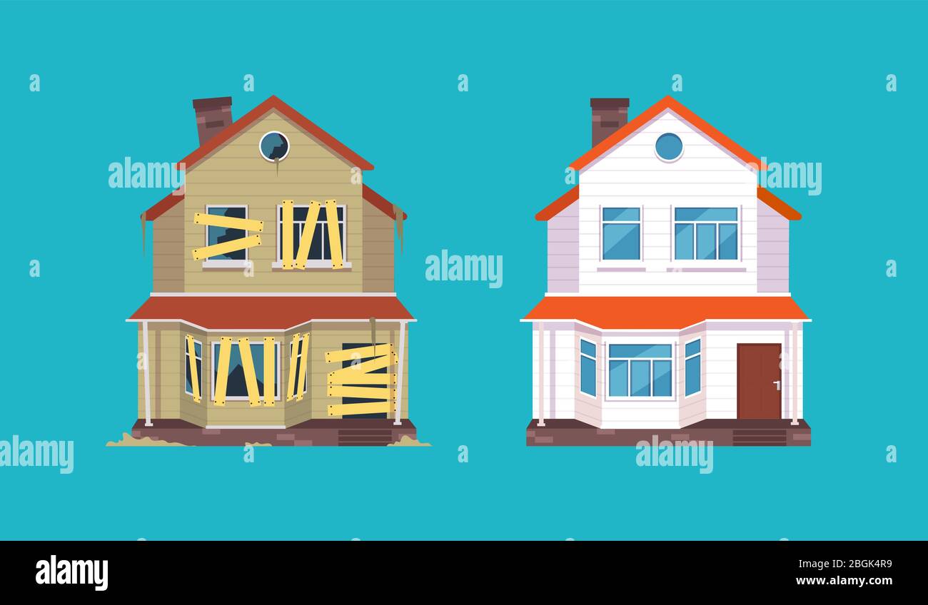 Ristrutturazione domestica. Casa prima e dopo la riparazione. Nuovo e vecchio cottage suburbano. Illustrazione del vettore isolato. Casa di ristrutturazione e riparazione, ristrutturazione edificio Illustrazione Vettoriale