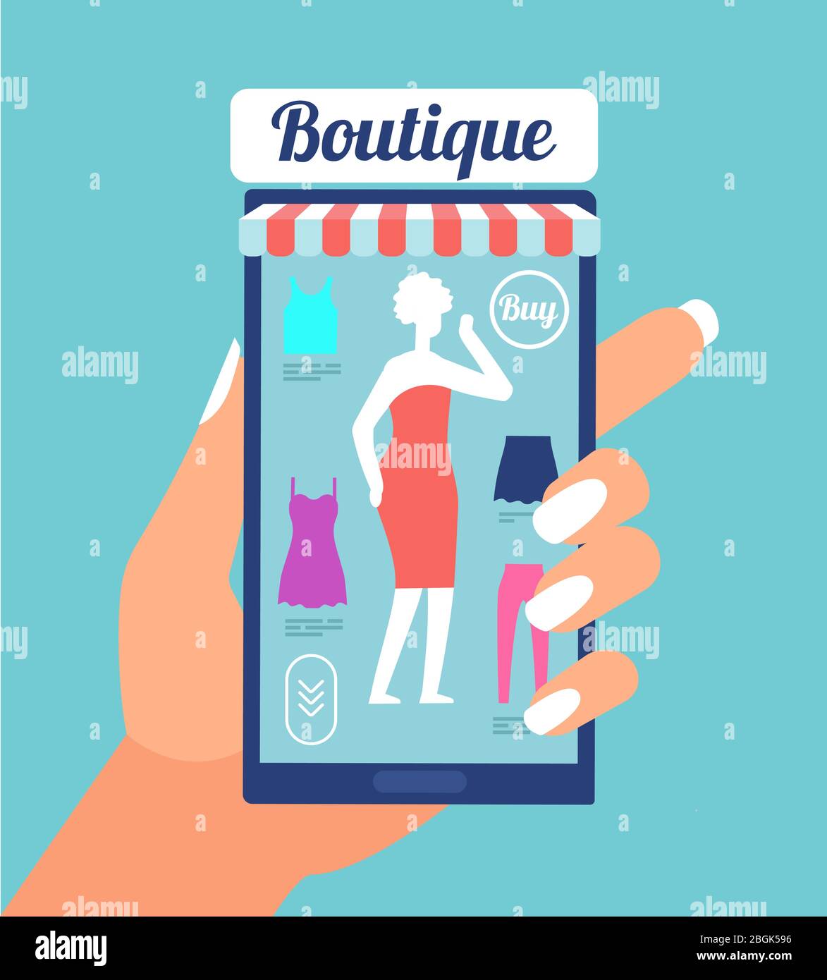 Negozio di moda online. App negozio di abbigliamento sullo schermo del telefono cellulare. Moda shopping mobile retail concetto vettoriale. Immagine del negozio al dettaglio su smartphone Illustrazione Vettoriale
