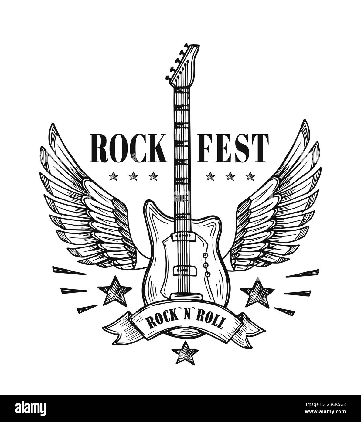 Chitarra con ali. Poster vintage del festival musicale. Rock and roll tatuaggio vettoriale art. Rock guitar, fregio musicale con illustrazione delle ali Illustrazione Vettoriale