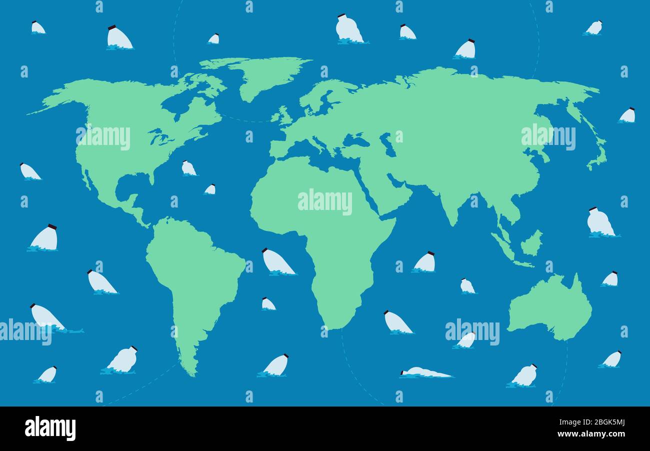 Fermare l'inquinamento oceanico mondiale. Mappa della terra con bottiglie di plastica che galleggiano in acqua inquinata. Mappa concettuale vettoriale oceano mondo con inquinamento illustrazione plastica Illustrazione Vettoriale