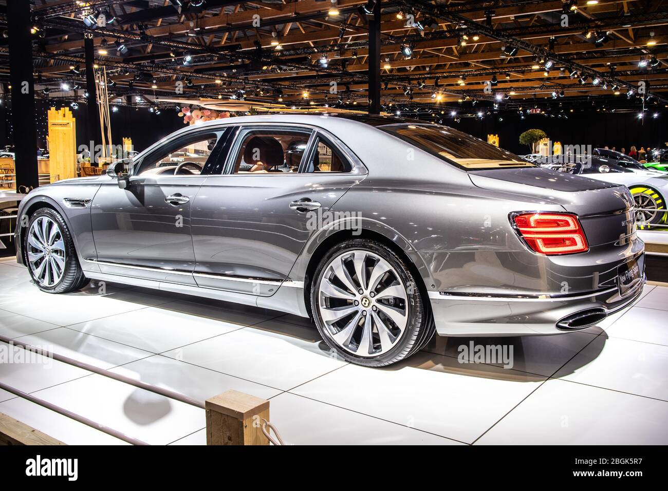 Bruxelles, Belgio, 09 gennaio 2020: Nuovo Bentley Flying Spur al Salone di Bruxelles, terza generazione, piattaforma MSB, modello di punta di Bentley Luxury Saloon Foto Stock