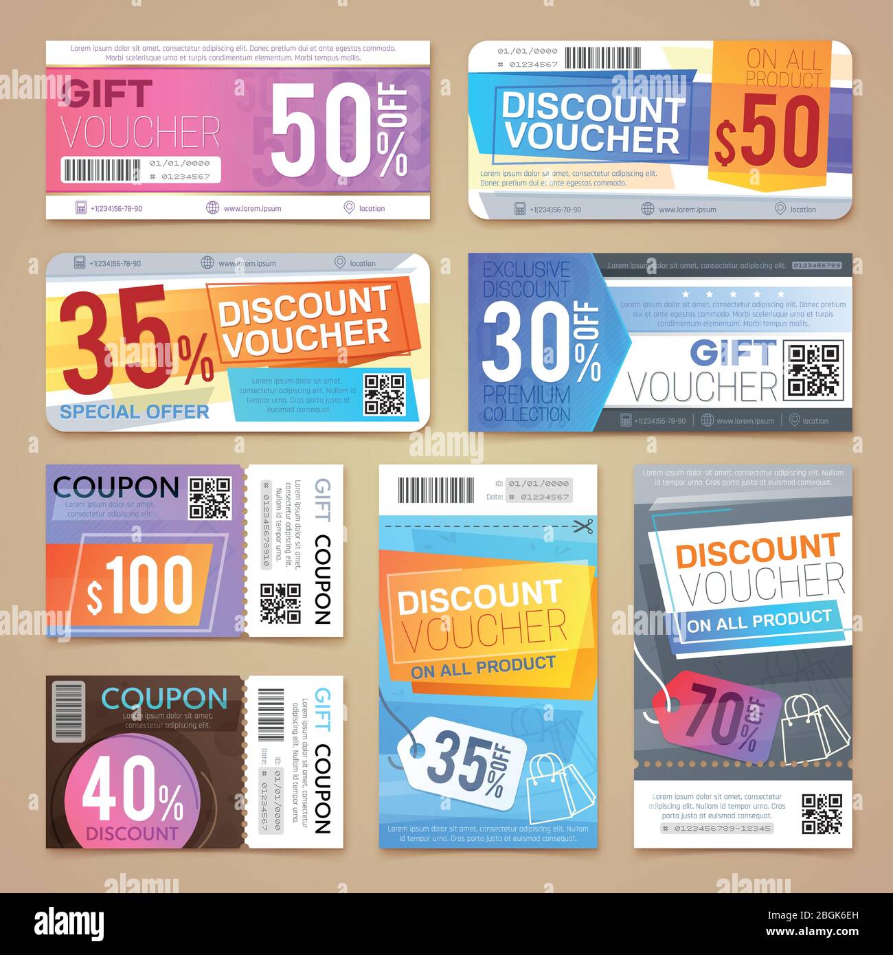 Buoni sconto e buoni regalo. Modelli di materiali promozionali vettoriali. Offerta banner, certificato speciale, illustrazione del prezzo di vendita Illustrazione Vettoriale