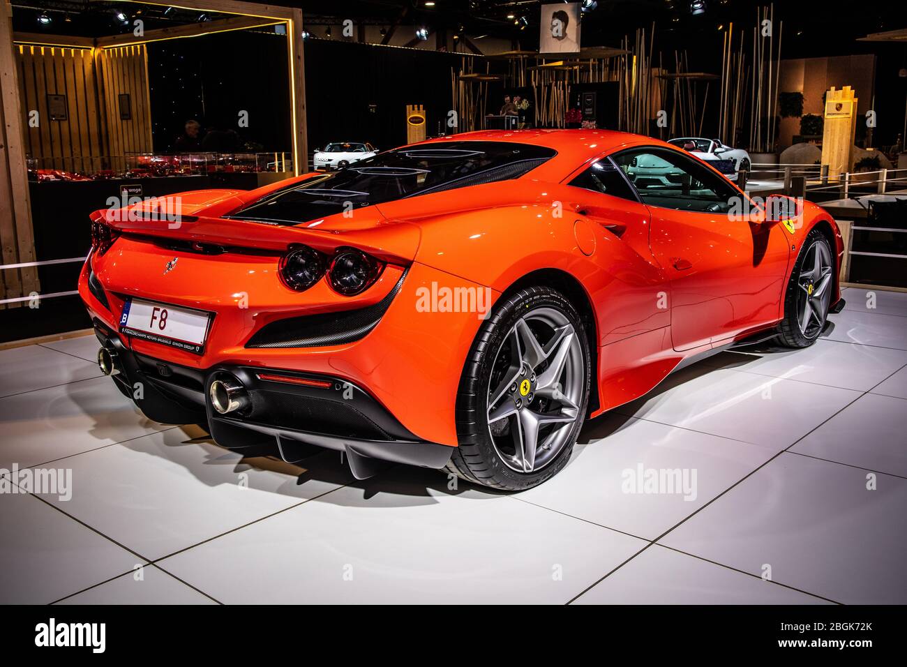 Bruxelles, Belgio, 2020 gennaio Ferrari F8 Tributo, Brussels Motor Show, auto sportiva di media engined prodotta dal produttore italiano Ferrari Foto Stock