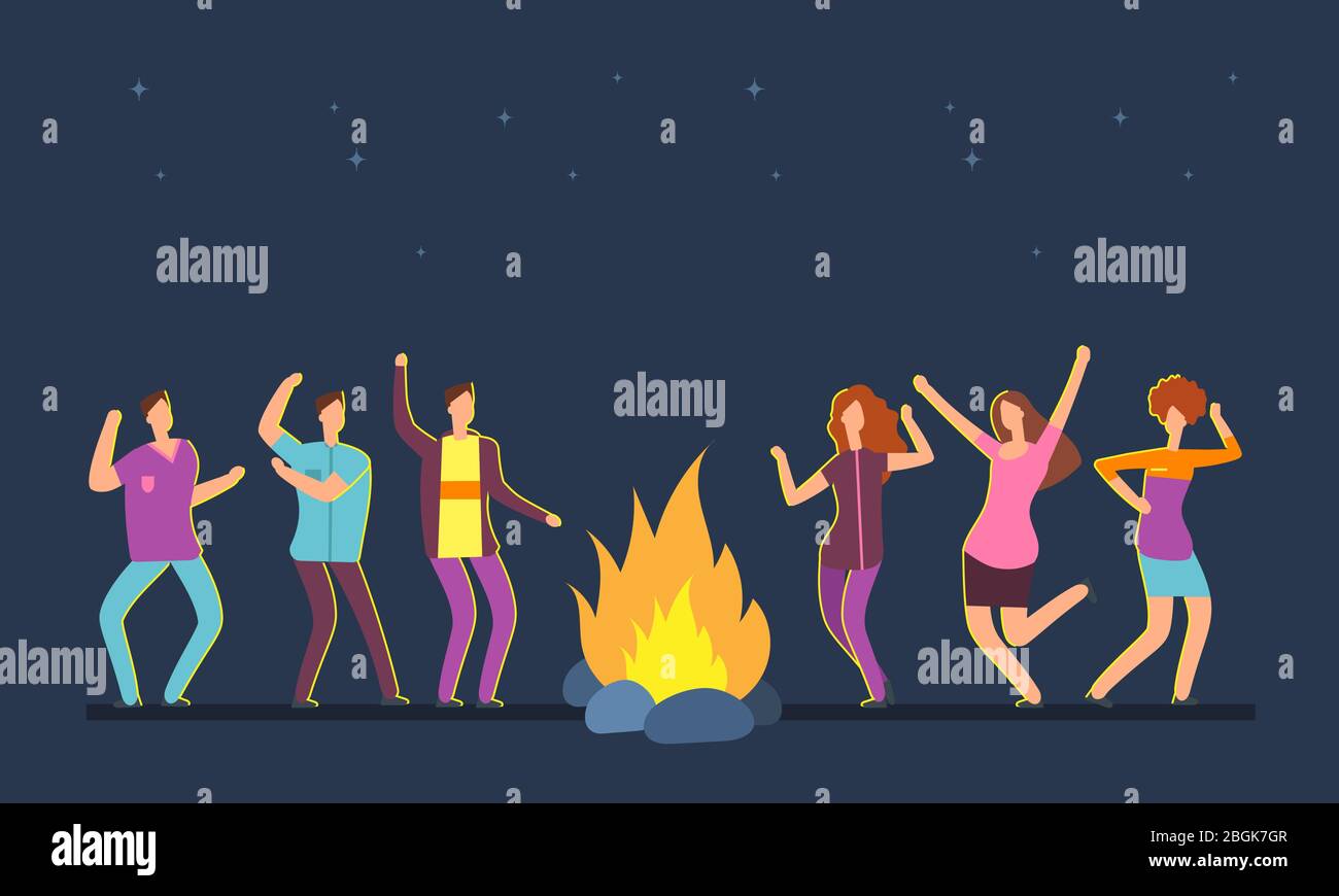 Gruppo di persone felici ballare al fuoco. Musica festival campeggio vettore cartoon concetto. Danzare le persone intorno al fuoco, notte fiamma illustrazione Illustrazione Vettoriale