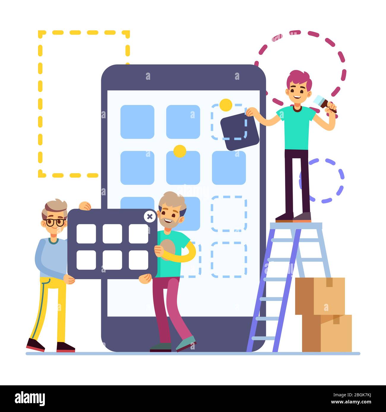 Persone che sviluppano il design dell'interfaccia utente del telefono cellulare. Tecnologia di app per telefoni cellulari Vector Flat Concept isolata su bianco. Immagine dell'interfaccia utente dell'app mobile per telefono di sviluppo Illustrazione Vettoriale