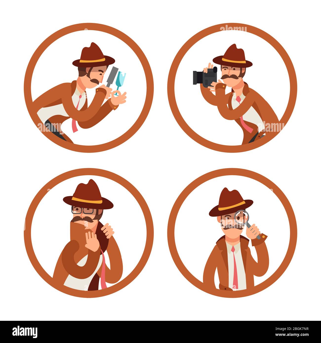 Cartoon detective avatar vettore set. Illuminazione di investigatore di polizia, ispettore privato Illustrazione Vettoriale
