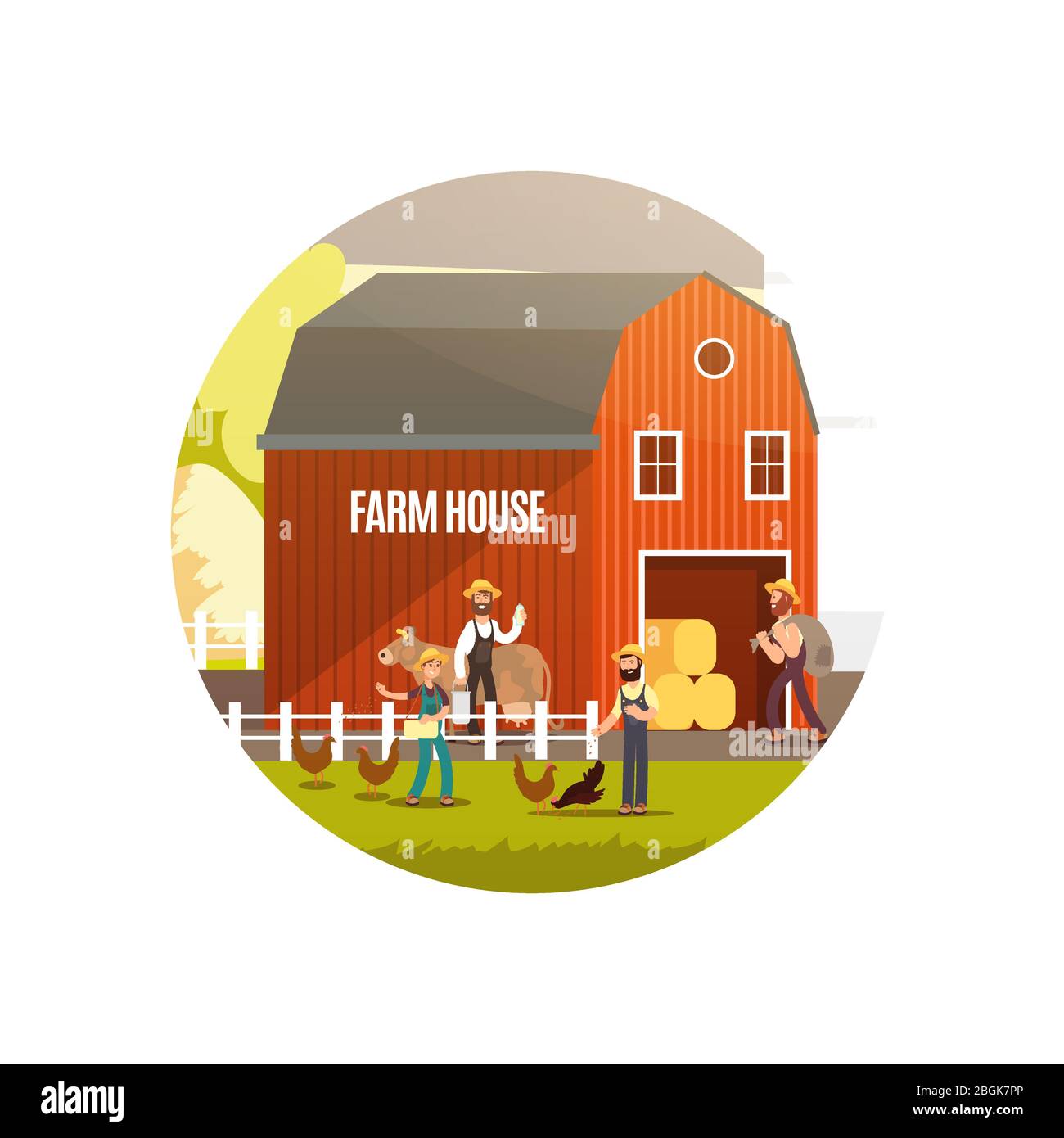 Cartoni animati con agricoltori, animali da fattoria e attrezzature illustrazione vettoriale. Design dell'emblema per il raccolto. Fattoria all'aperto con persone Illustrazione Vettoriale