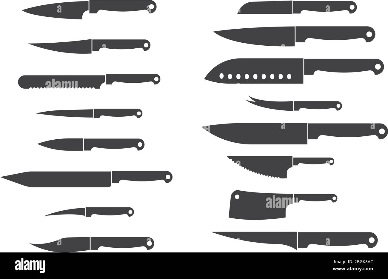 Set di coltelli per il taglio della carne. Coltello da cucina in metallo isolato silhouette vettoriali. Chef di coltelli, utensile per il taglio di metallo per l'illustrazione della cottura Illustrazione Vettoriale