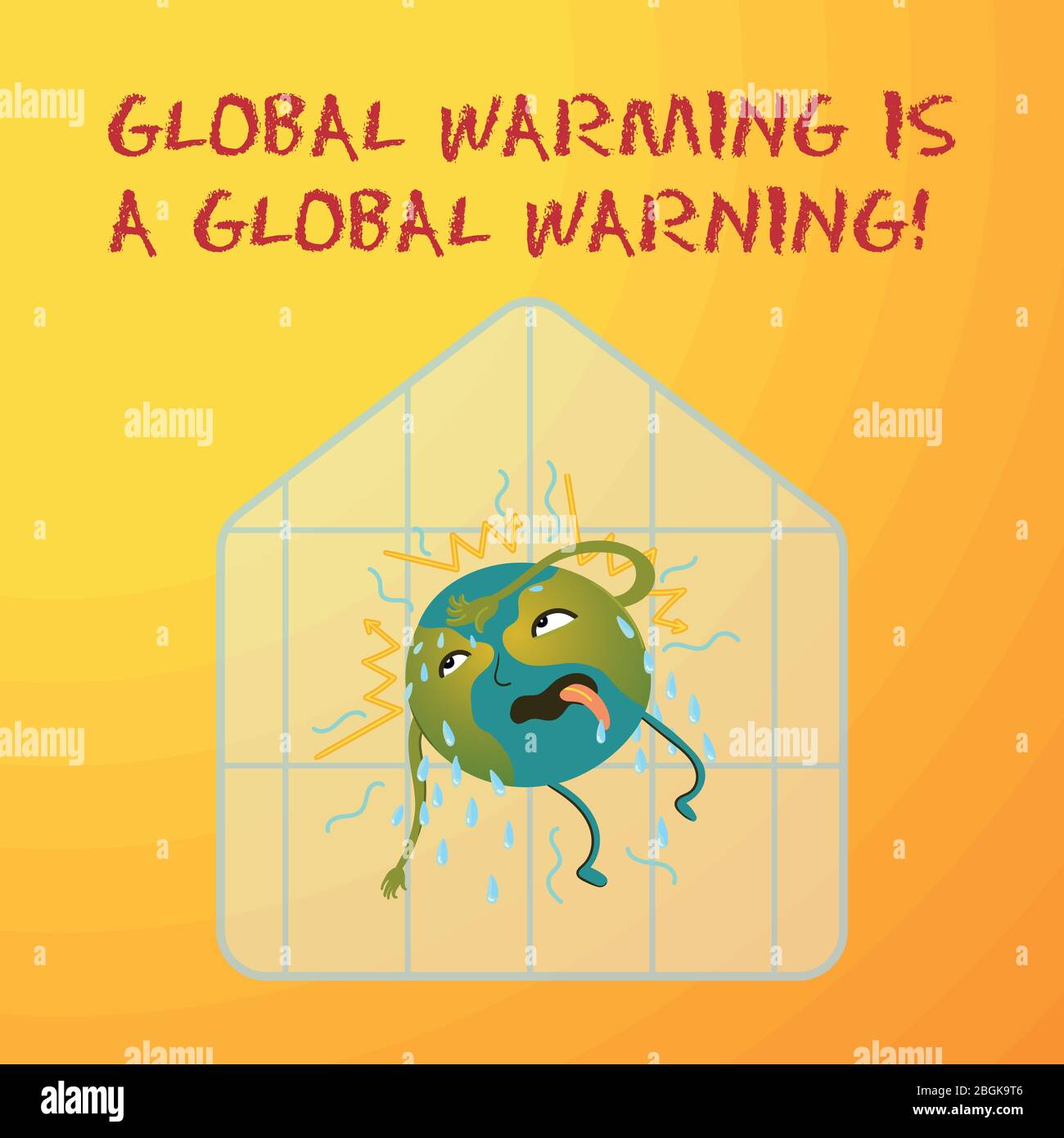 Illustrazione concettuale ecologica del pianeta Terra, che è calda e sta sudando, un effetto serra. Il riscaldamento globale è un avvertimento globale. Illustrazione Vettoriale