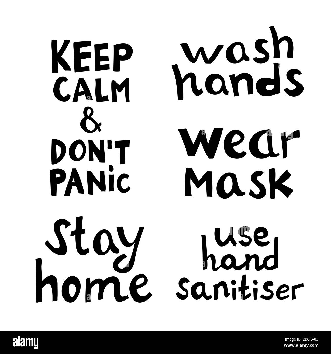 Citazioni impostate su coronavirus. Lavarsi le mani, rimanere a casa, non prendere il panico, indossare la maschera, utilizzare l'igienizzatore. Scritte disegnate a mano in moderno stile scandinavo Illustrazione Vettoriale