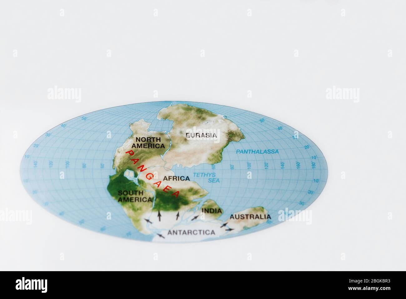 Mappa che mostra la posizione e la configurazione di Pangaea, con i continenti moderni etichettati, colore, **SOLO USO EDITORIALE** Foto Stock