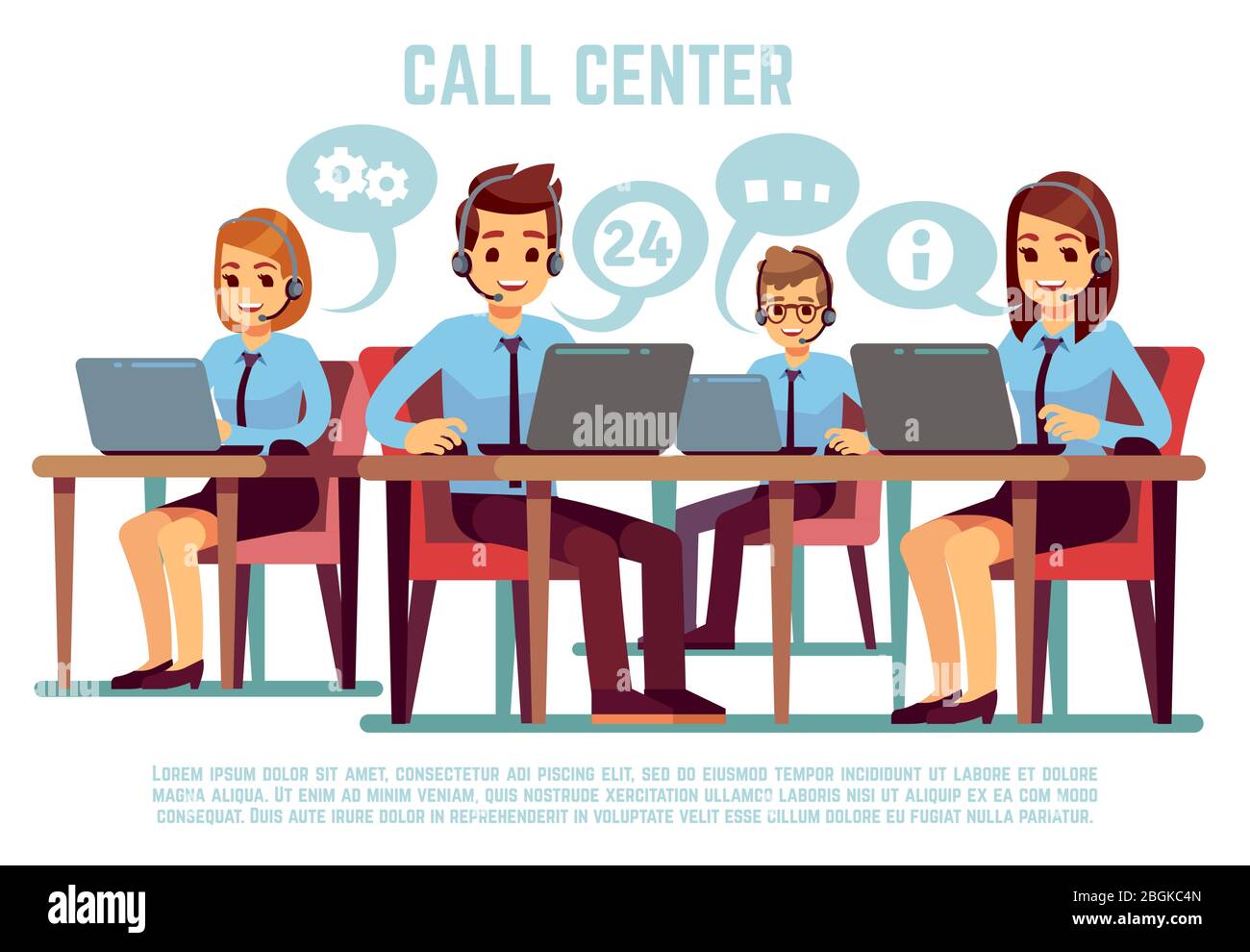 Gruppo di operatori con cuffie per il supporto di persone nell'ufficio del call center. Supporto aziendale e concetto di vettore di telemarketing. Illustrazione della connessione online Illustrazione Vettoriale