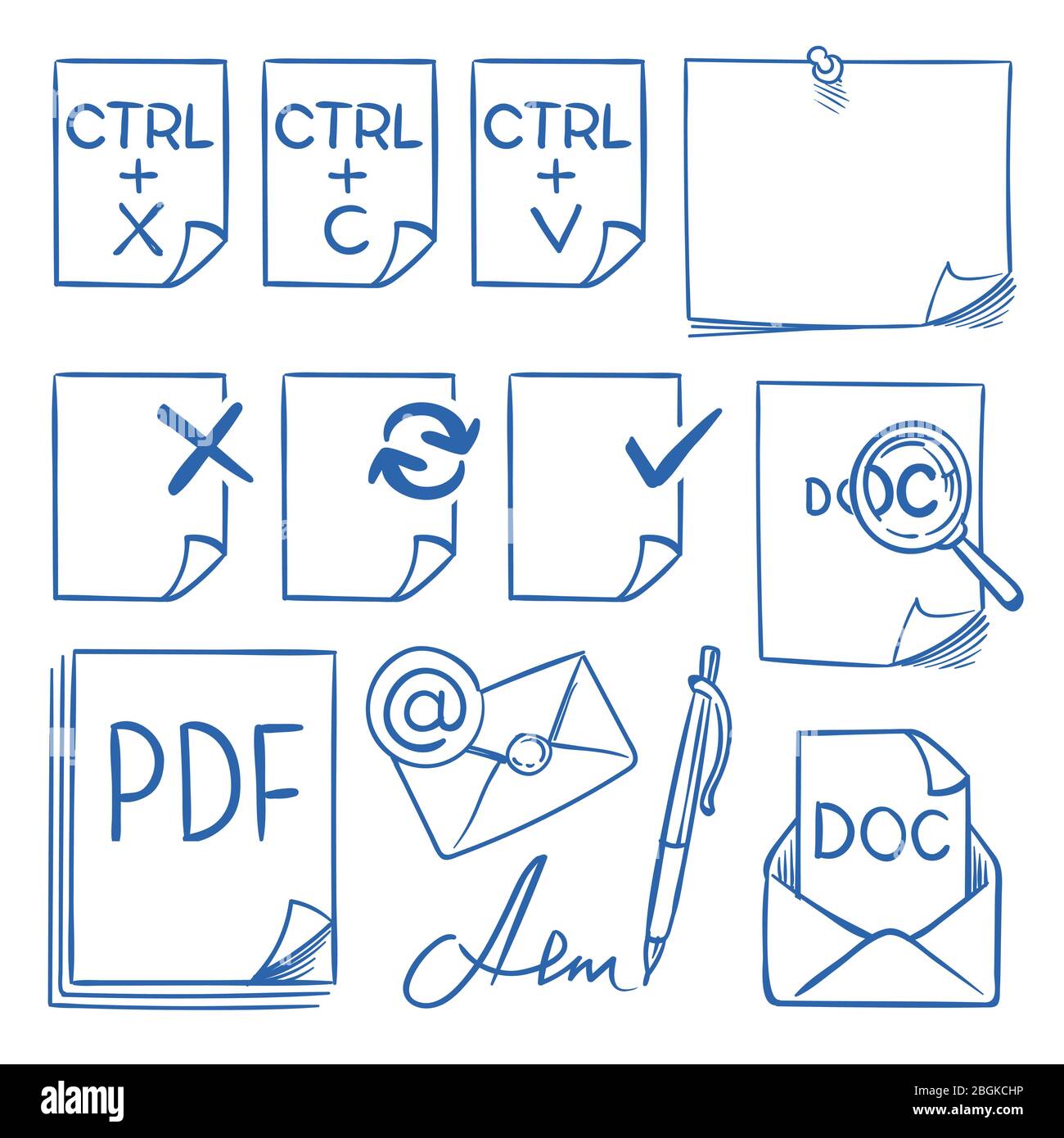Dodle Office carta icone vettoriali con simboli funzione aggiornare, incollare, tagliare, copiare, inviare, eliminare e modificare vettore mano disegnata set isolato. Illustrazione di Illustrazione Vettoriale