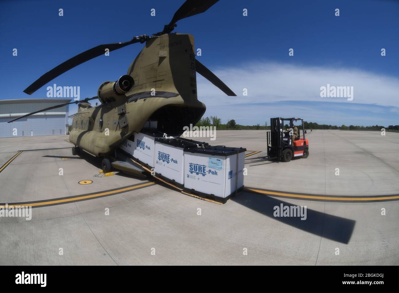 Soldati della Guardia Nazionale dell'Esercito degli Stati Uniti con la Guardia Nazionale della Carolina del Sud scaricano i dispositivi di protezione personale da un CH-47 Chinook assegnato al 2-238th General Support Aviation Battaglione, South Carolina National Guard, E caricare su un camion per essere trasportato e distribuito alle contee nella parte superiore della Carolina del Sud da soldati della Guardia Nazionale dell'Esercito degli Stati Uniti con la Task Force congiunta 59, Guardia Nazionale della Carolina del Sud, a sostegno del Dipartimento della Salute e del controllo ambientale della Carolina del Sud. La Guardia Nazionale della Carolina del Sud rimane pronta a sostenere le contee, le agenzie locali e statali, e. Foto Stock