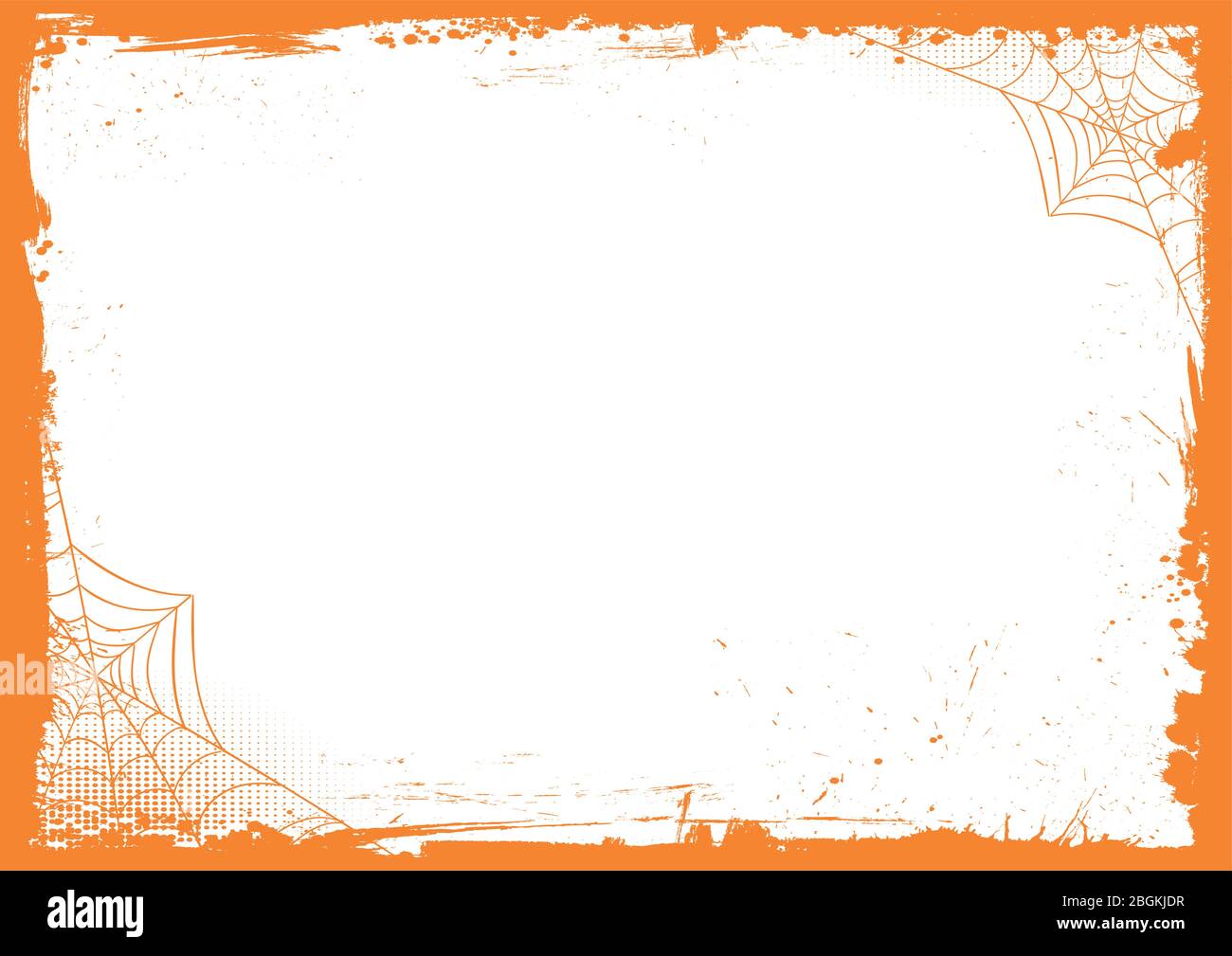 Lo sfondo bianco orizzontale di Halloween con bordo arancione grunge e ragnatela Illustrazione Vettoriale