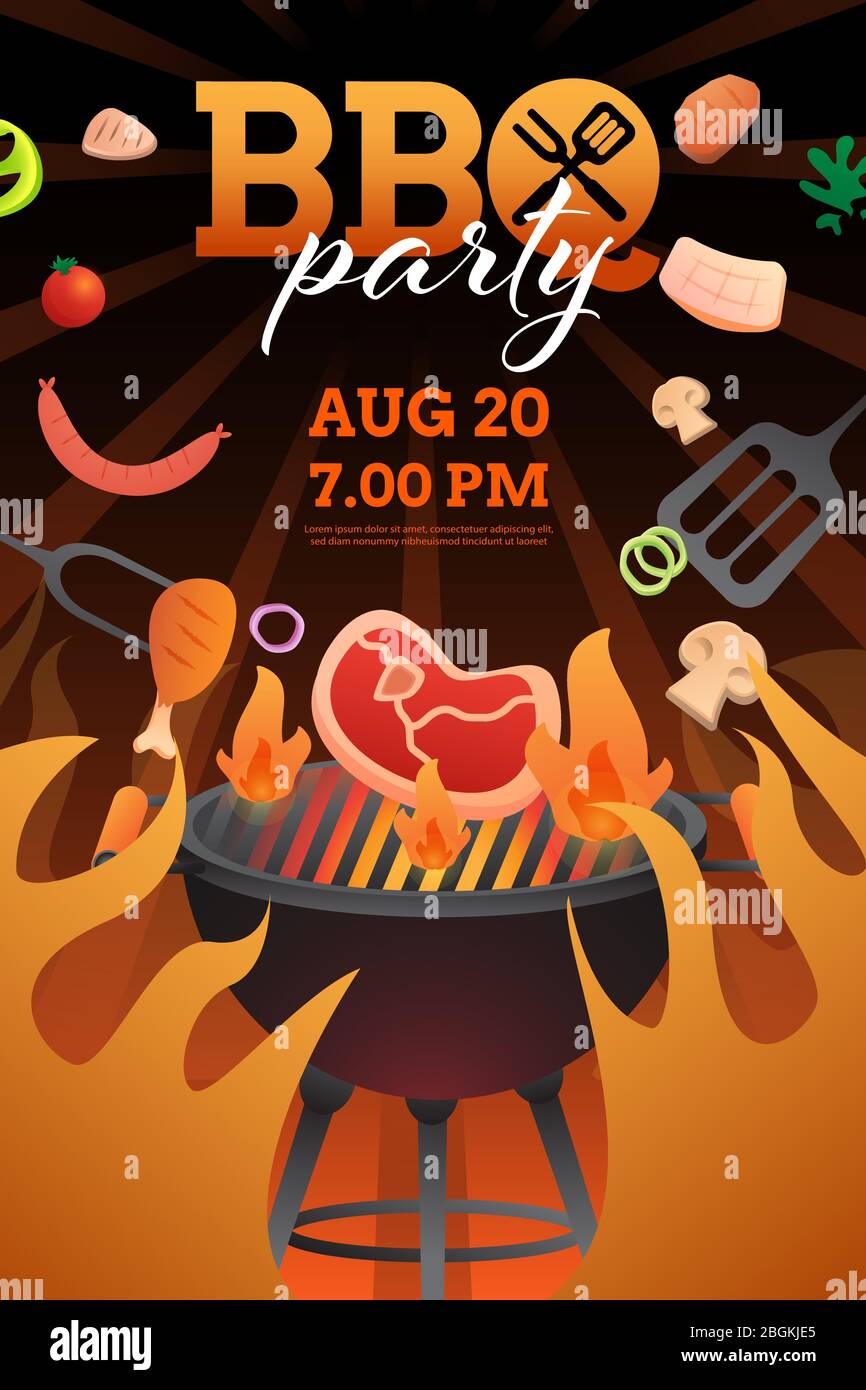 BBQ party invito, scheda o poster modello con griglia e cibo flyer vettore stile piatto illustrazione. Illustrazione Vettoriale