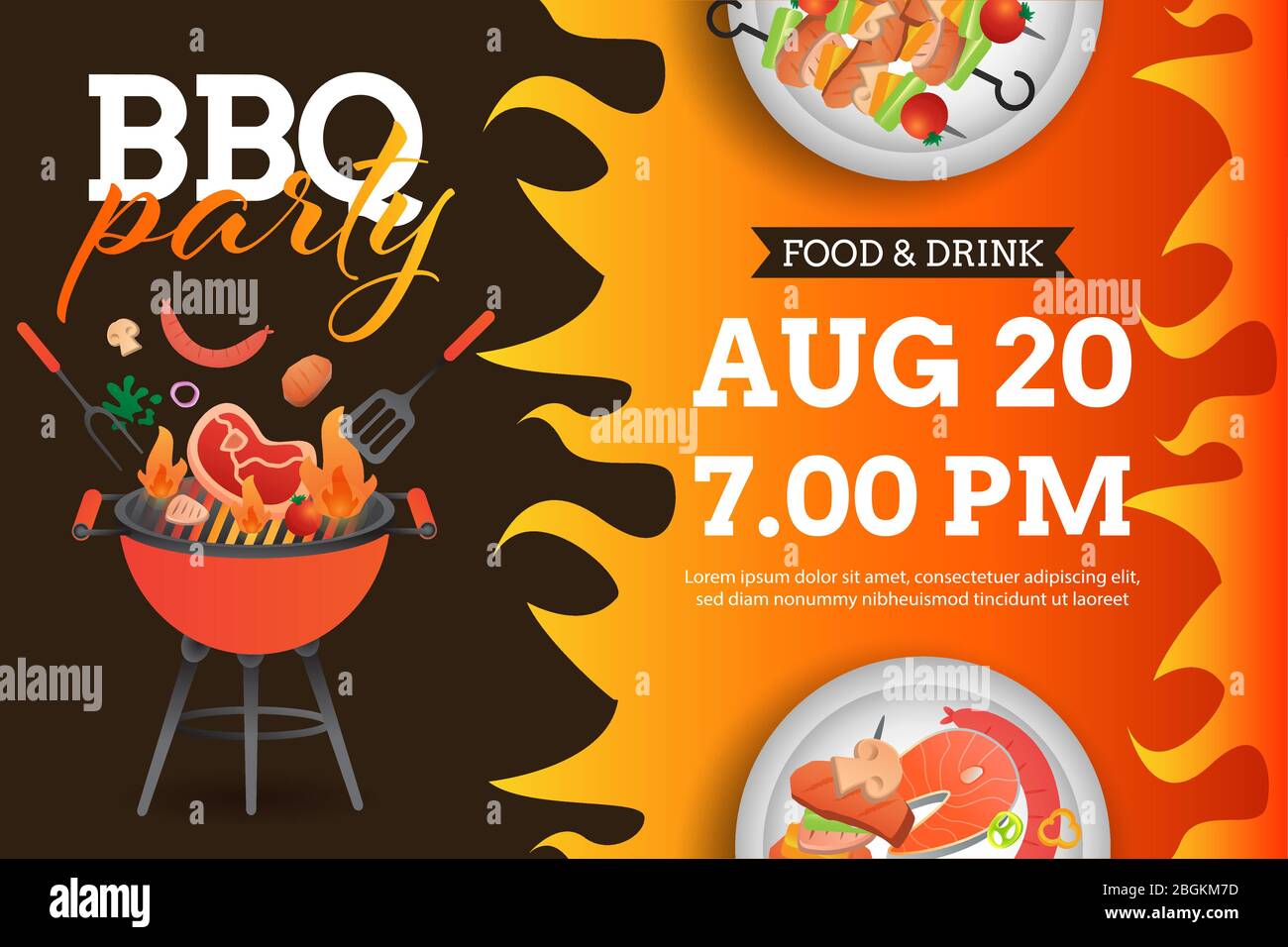 BBQ party invito, scheda o poster modello con griglia e cibo flyer vettore stile piatto illustrazione. Illustrazione Vettoriale