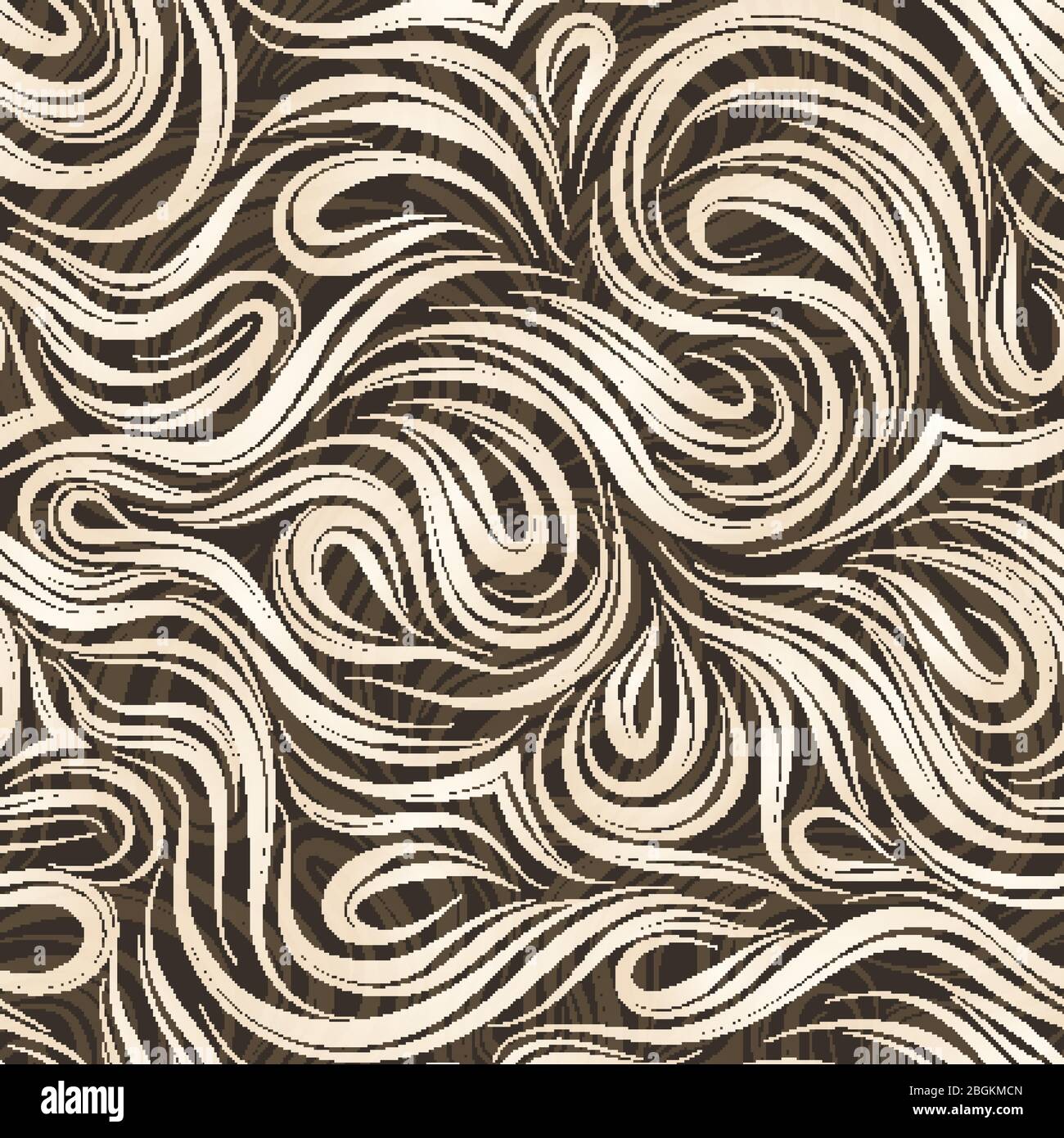 Pattern vettoriale senza cuciture con linee di scorrimento beige uniformi con sfumature tagliate al centro su uno sfondo marrone. Tessitura di fibre di legno o onde Illustrazione Vettoriale