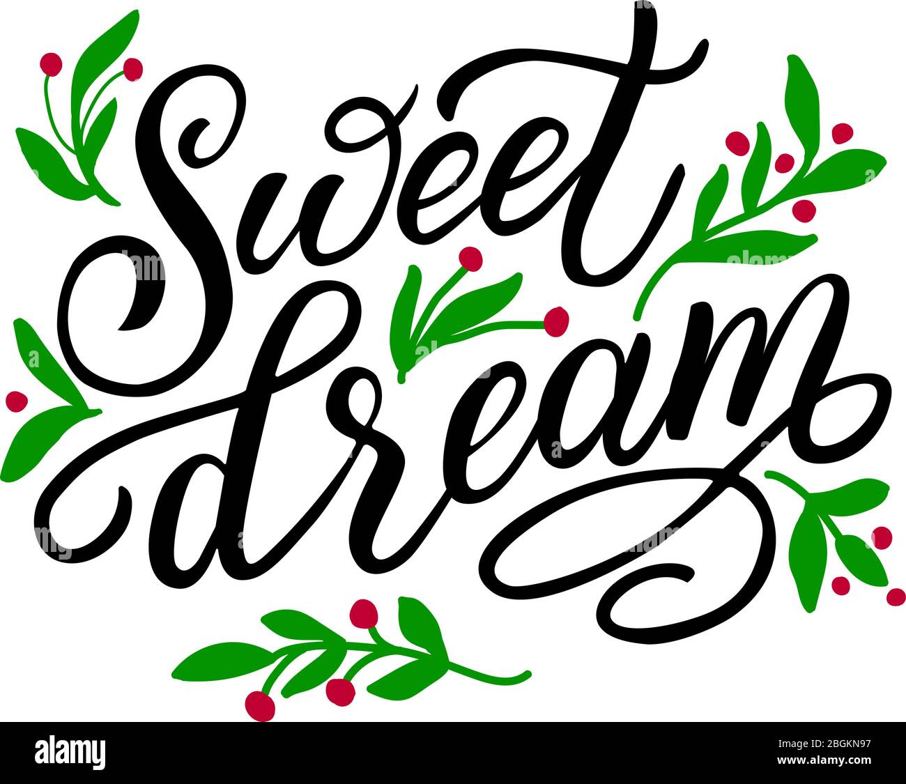 Composizione letterale - sogno dolce - iscrizione e volantini su sfondo bianco in grafica vettoriale. Per la progettazione di cartoline, poster, banner Illustrazione Vettoriale