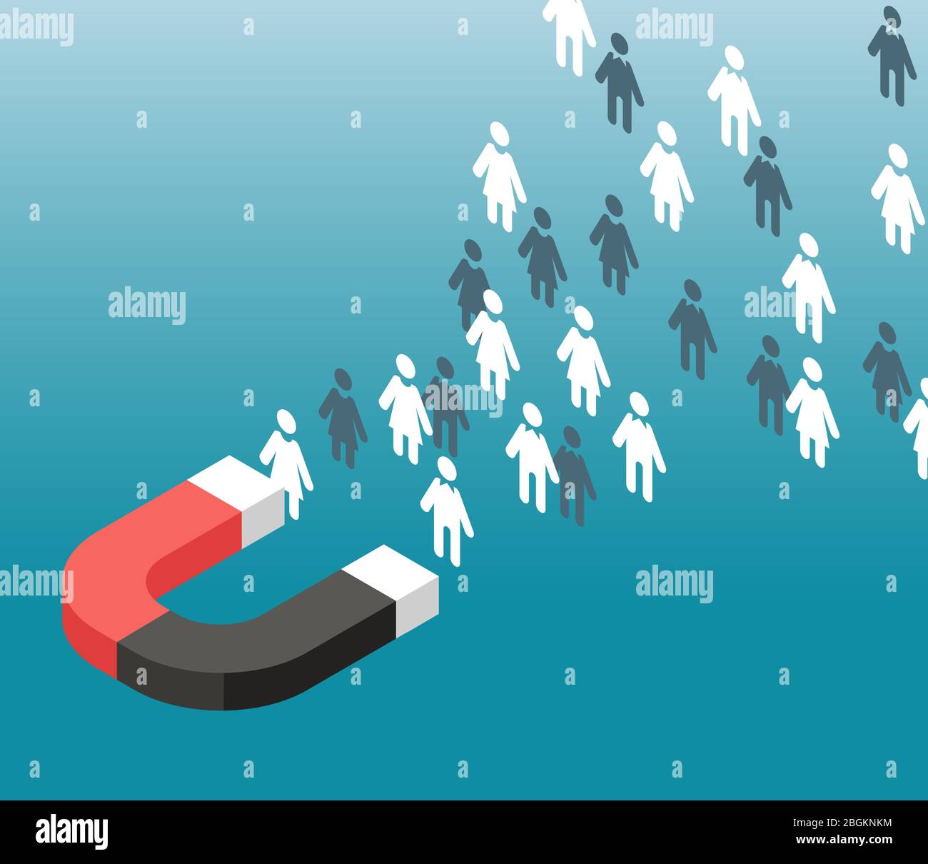Generazione di lead. Attrazione del traffico Web. Magnete attrae le icone delle persone. Concetto di vettore di marketing in entrata. Illustrazione di un potenziale cliente e di un followe Illustrazione Vettoriale