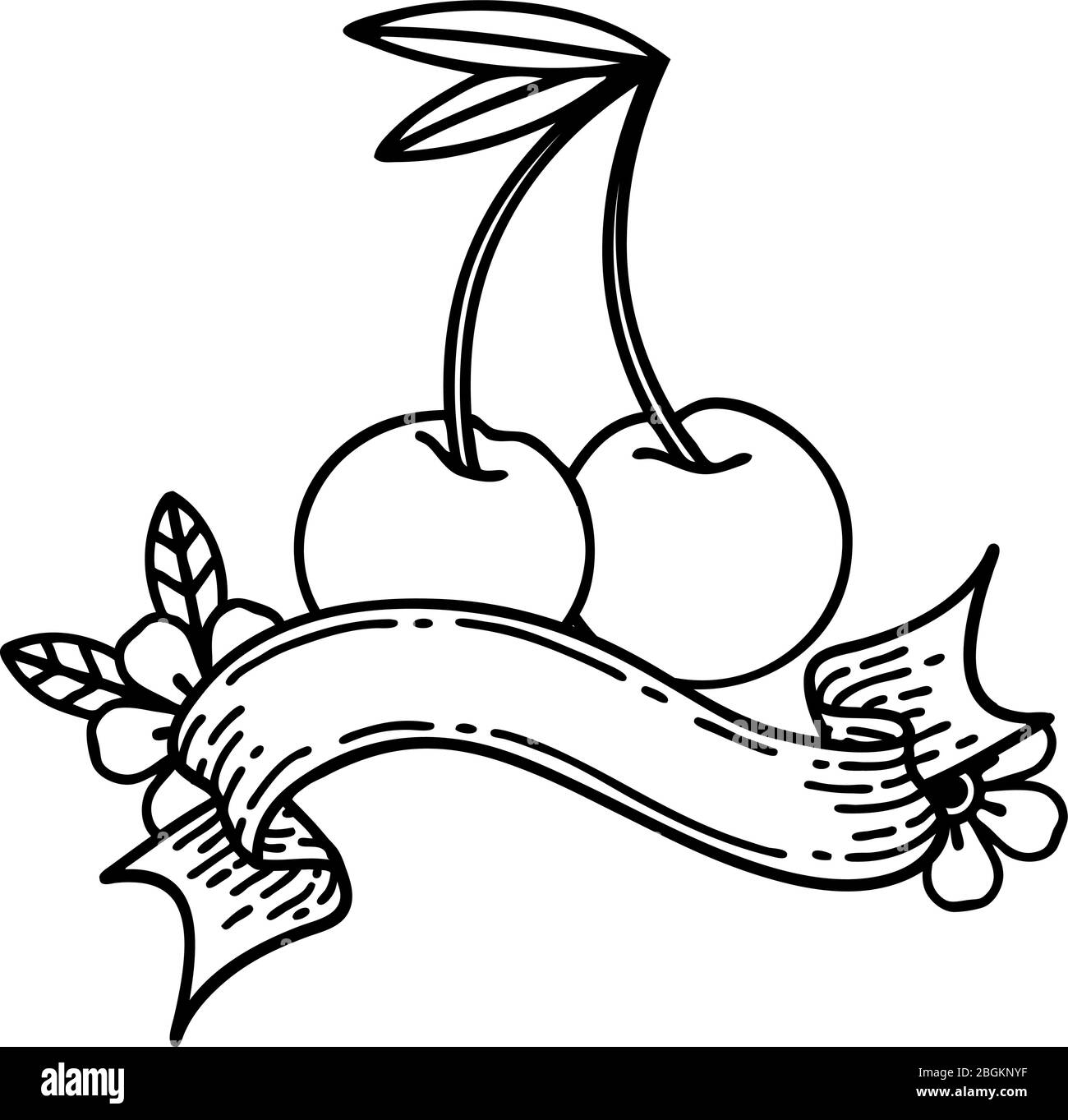 tatuaggio tradizionale nero con striscioni di ciliegie Illustrazione Vettoriale