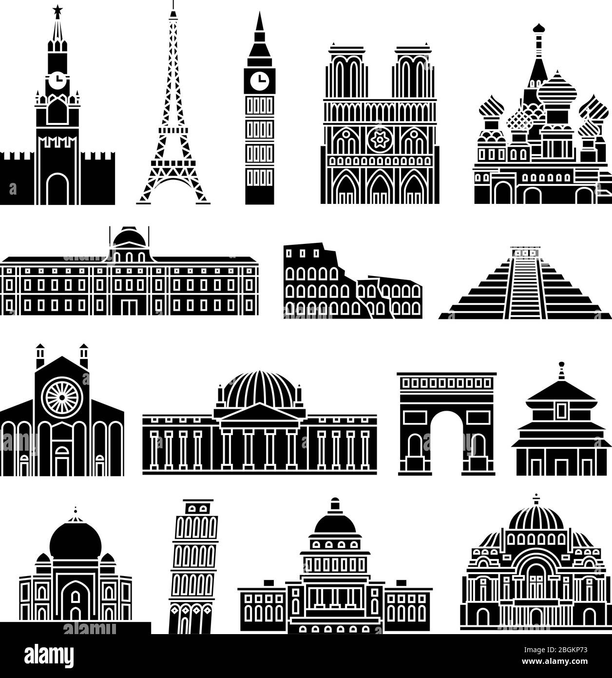 Punti di riferimento del viaggio icone nere vettoriali. Cremlino e Torre Eiffel, Big ben e Notre Dame de Paris Illustrazione Vettoriale