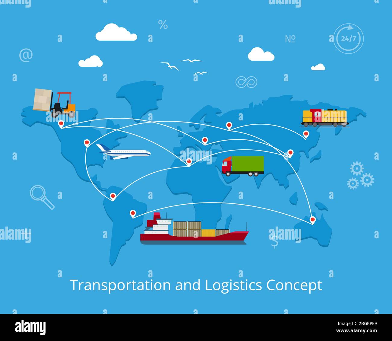 Logistica concetto globale di trasporto. Trasporto marittimo e terrestre, trasporto ferroviario e aereo sulla mappa del mondo Illustrazione Vettoriale