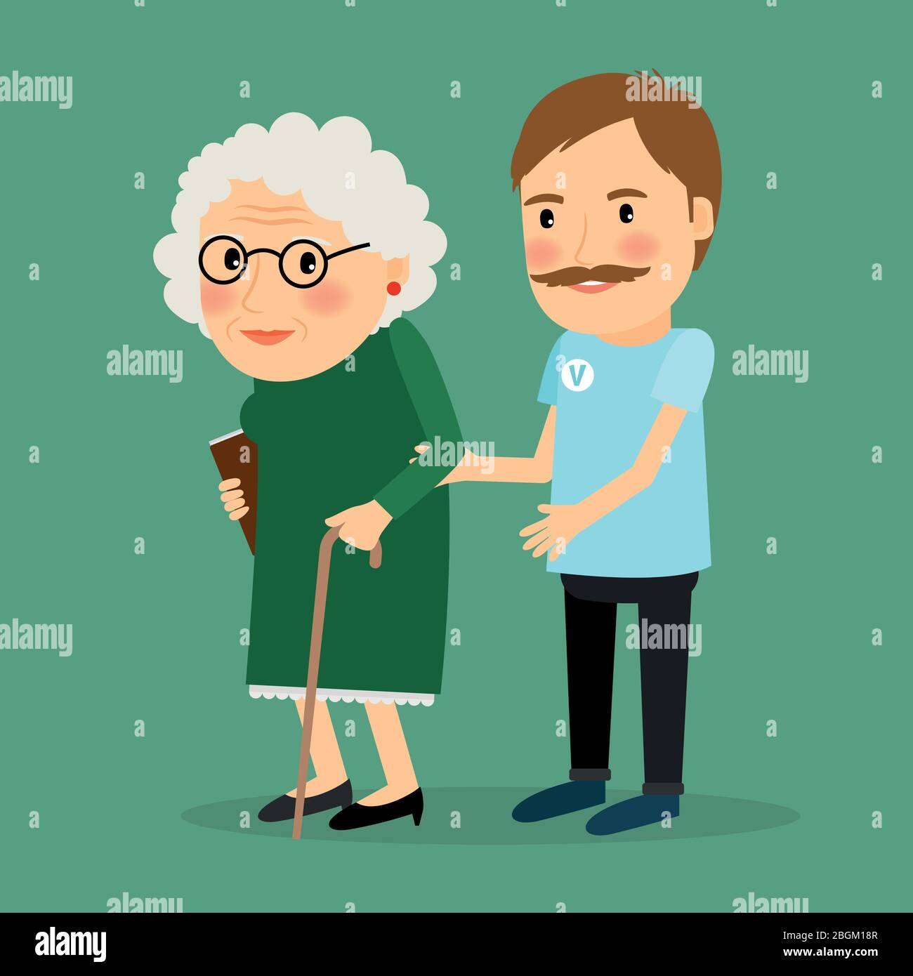 Volontario uomo che si prende cura di donna anziana e aiutarla a camminare con la sua canna. Illustrazione vettoriale. Illustrazione Vettoriale