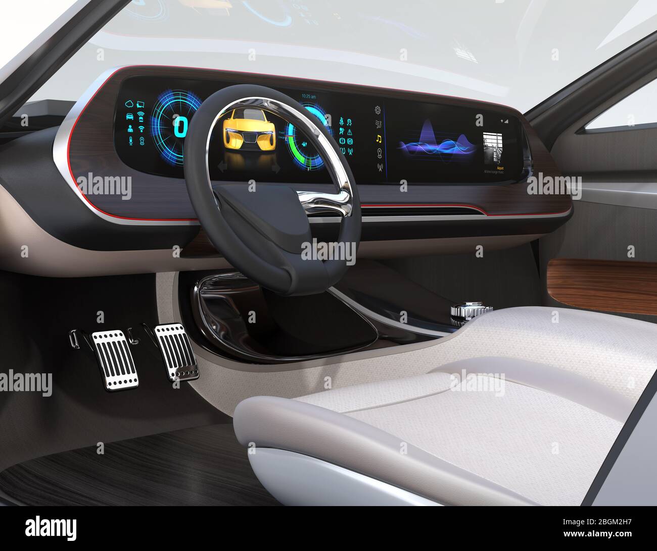 Interno dell'auto elettrica autobloccante dotato di ampio schermo multimediale digitale. Design generico. Immagine di rendering 3D. Foto Stock