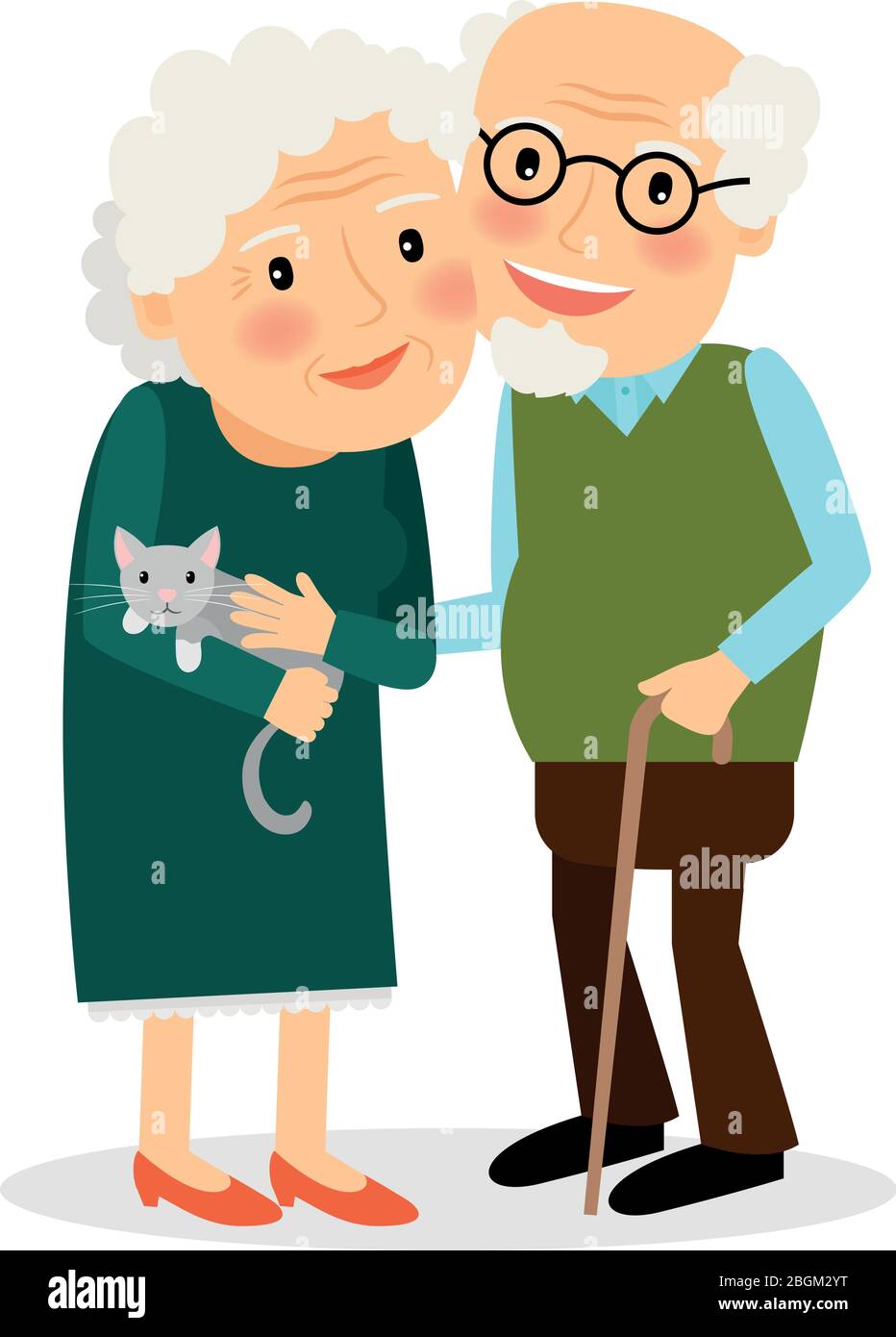 Vecchia coppia. Nonna e nonno in piedi insieme. Famiglia senior con gatto. Illustrazione vettoriale. Illustrazione Vettoriale