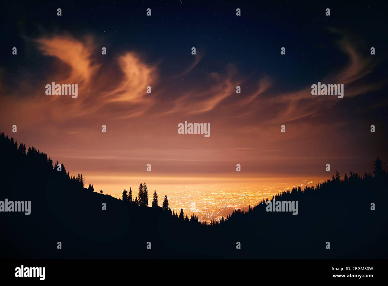 Incandescente luci della città di notte il cielo con le stelle e sagome di pino e montagna in Almaty, Kazakhstan. Foto Stock