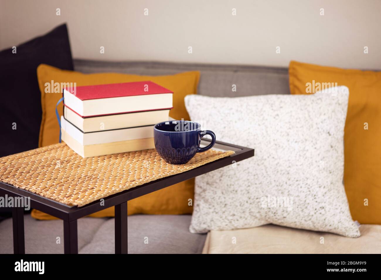 Interno con libri sul tavolo, tazza di caffè o tè con comodo divano con cuscini e cuscini. Lettura di libri a casa, apprendimento. Attività ricreative Foto Stock