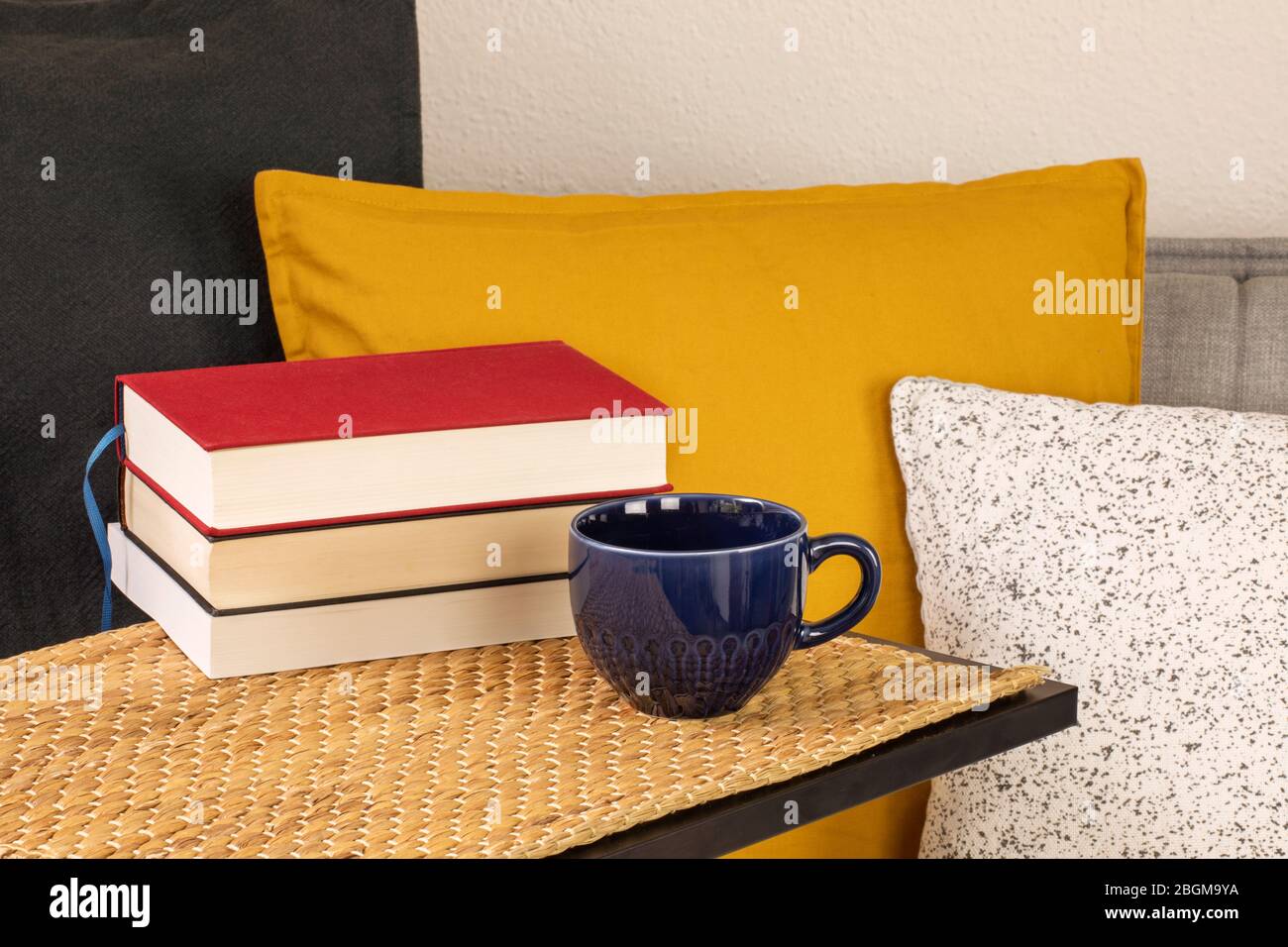 Molti libri con una tazza di caffè o tè sul tavolo in soggiorno, cuscini e cuscini sul divano. Lettura di libri a casa, apprendimento. Attività di svago Foto Stock