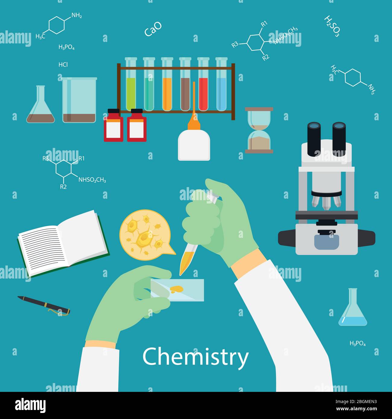 Icone di concetto di esperimento scientifico o laboratorio chimico su sfondo blu. Illustrazione vettoriale Illustrazione Vettoriale