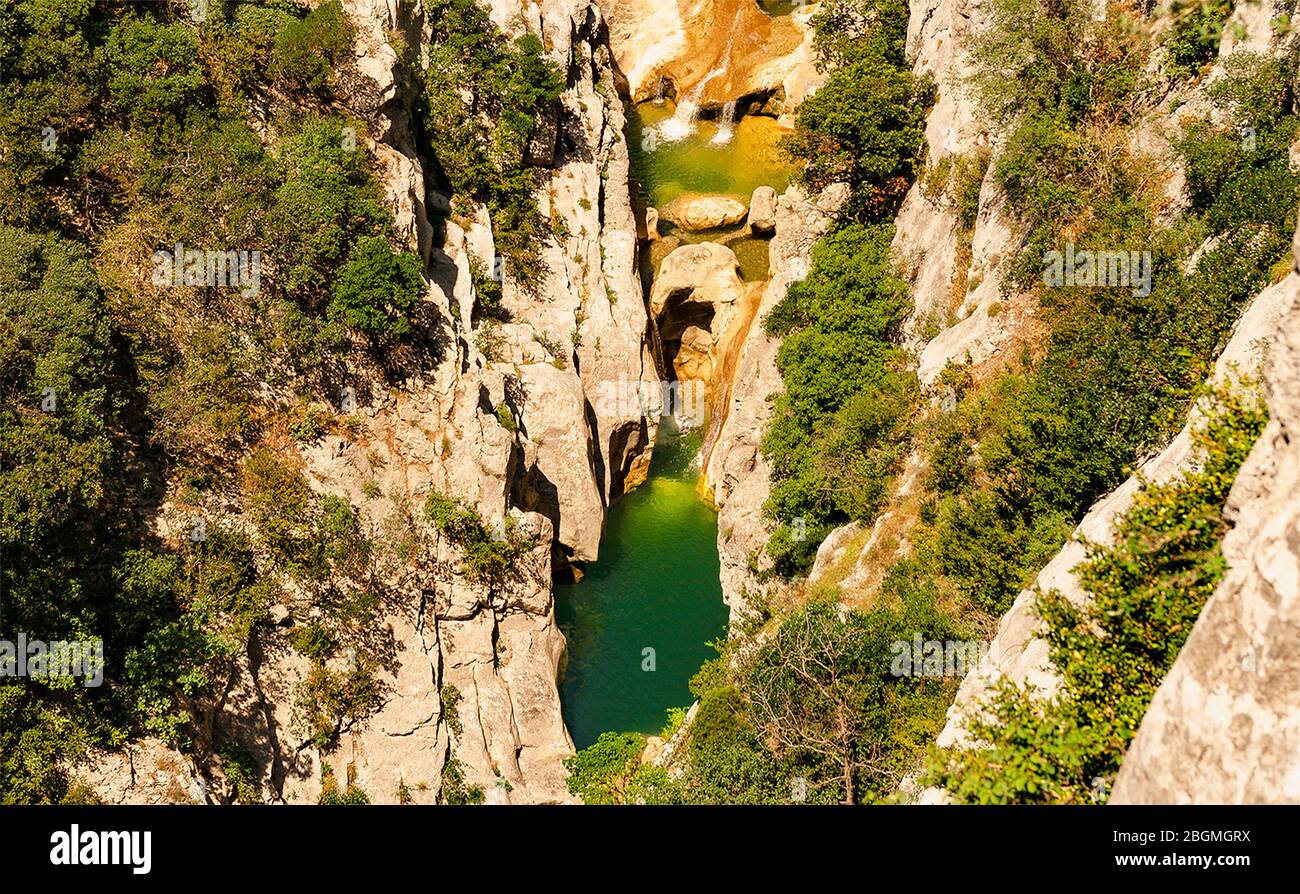 Particolare del canyon 'Gorges de Galamus' nel sud della Francia Foto Stock