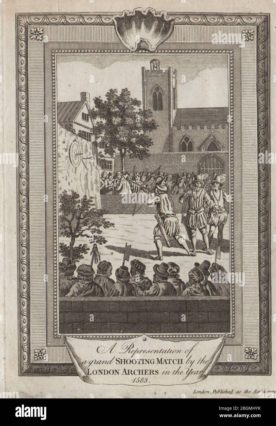 Un match di tiro con l'arco a Londra, 1583. Londra Archers. THORNTON 1784 stampa vecchia Foto Stock