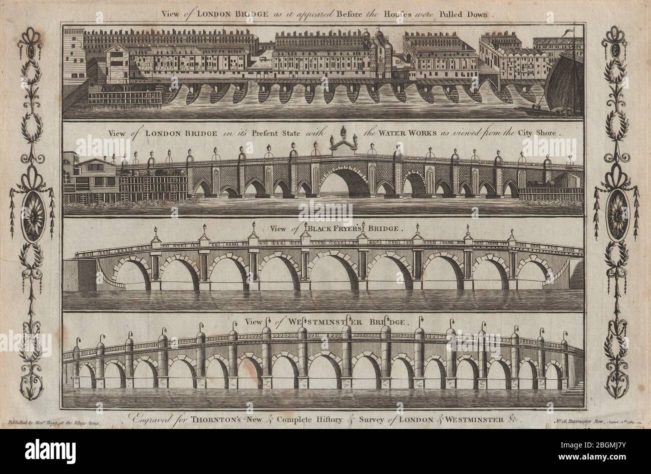 Old London Bridge con e senza case. Westminster & Blackfriars Bridges 1784 Foto Stock
