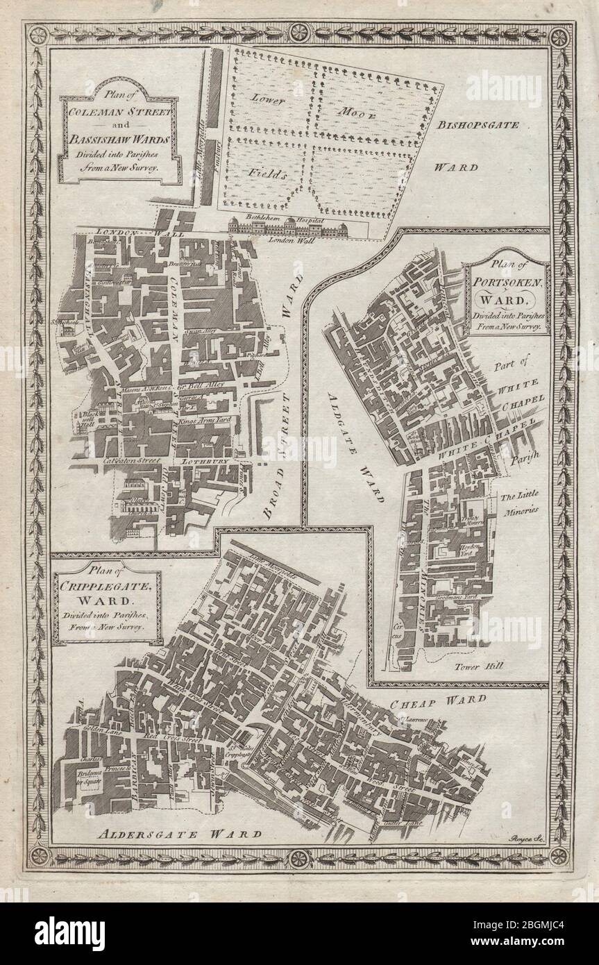 Coleman St Basshaw Portsoken Cripplegate Wards. City/London THORNTON 1784 map Foto Stock