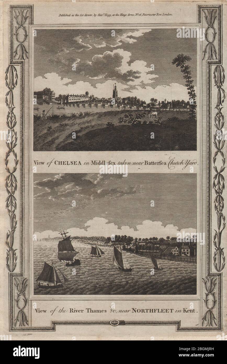 Chelsea con Battersea Bridge e la vecchia Chiesa. Northfleet, Kent. THORNTON 1784 Foto Stock