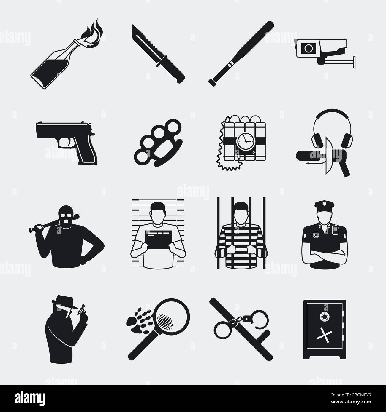 Icone nere criminali e carcerarie. Tumulti e detenzione, cocktail Molotov e impronte digitali Illustrazione Vettoriale