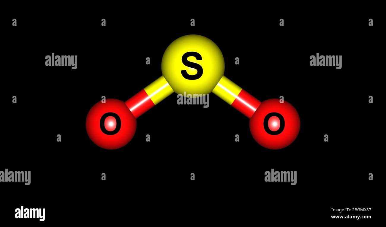 L'anidride solforosa o l'anidride solforosa è il composto chimico di formula S02. L'anidride solforosa è un gas tossico. illustrazione 3d Foto Stock