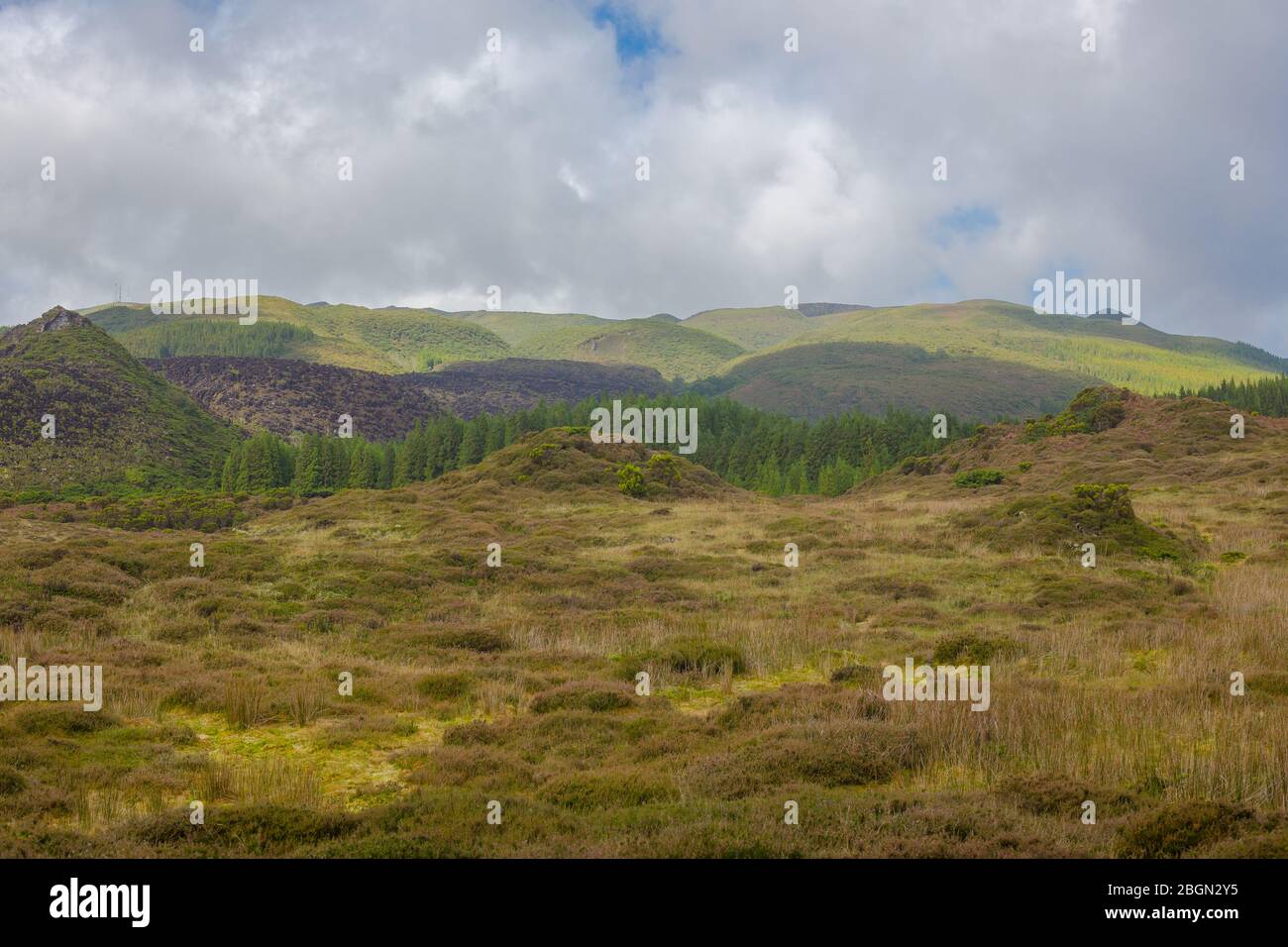 Campi con cielo blu e nuvole vicino a gruta do Natal nel comune di Praia da Vitoria, sull'isola di Terceira Foto Stock