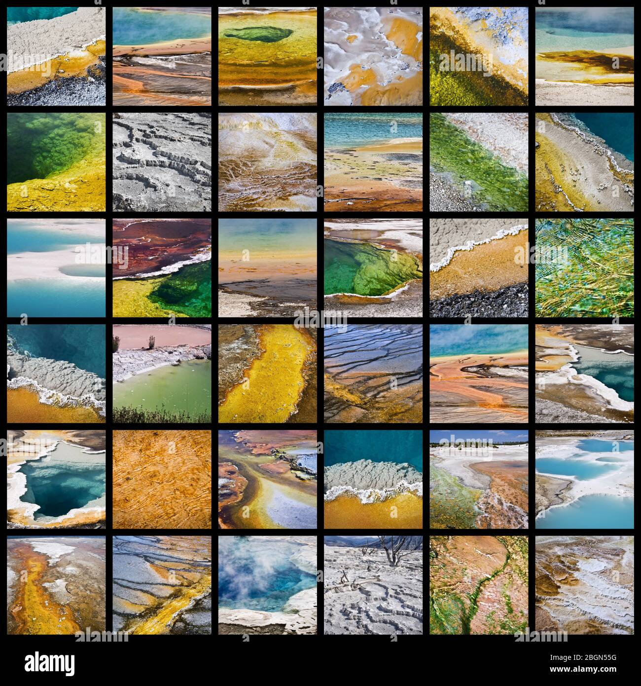Collage di sorgenti termali colorate nel parco nazionale di Yellowstone, USA Foto Stock