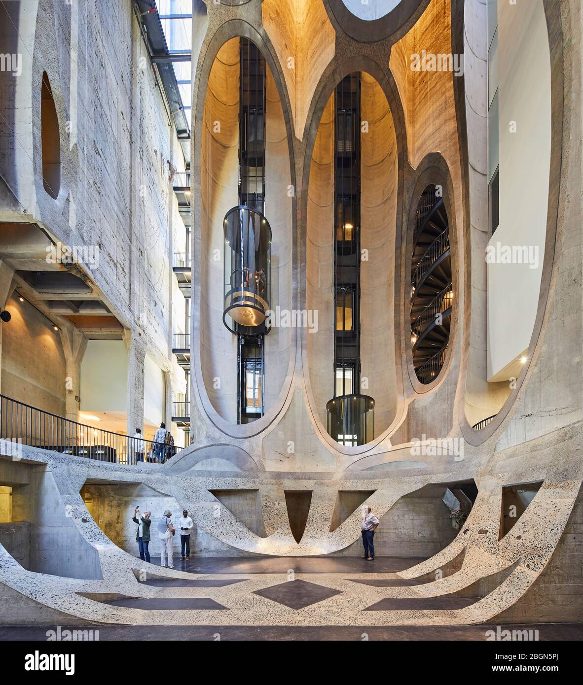 Atrio centrale con tubi in cemento che espongono la struttura. Zeitz MOCAA, Città del Capo, Sudafrica. Architetto: Heatherwick Studio, 2017. Foto Stock