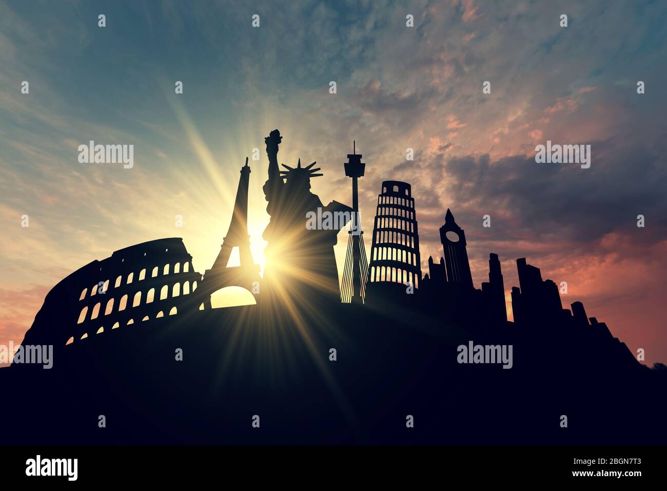 Famosa silhouette di destinazione di viaggio, New York, Roma, Londra, Parigi. Rendering 3D Foto Stock