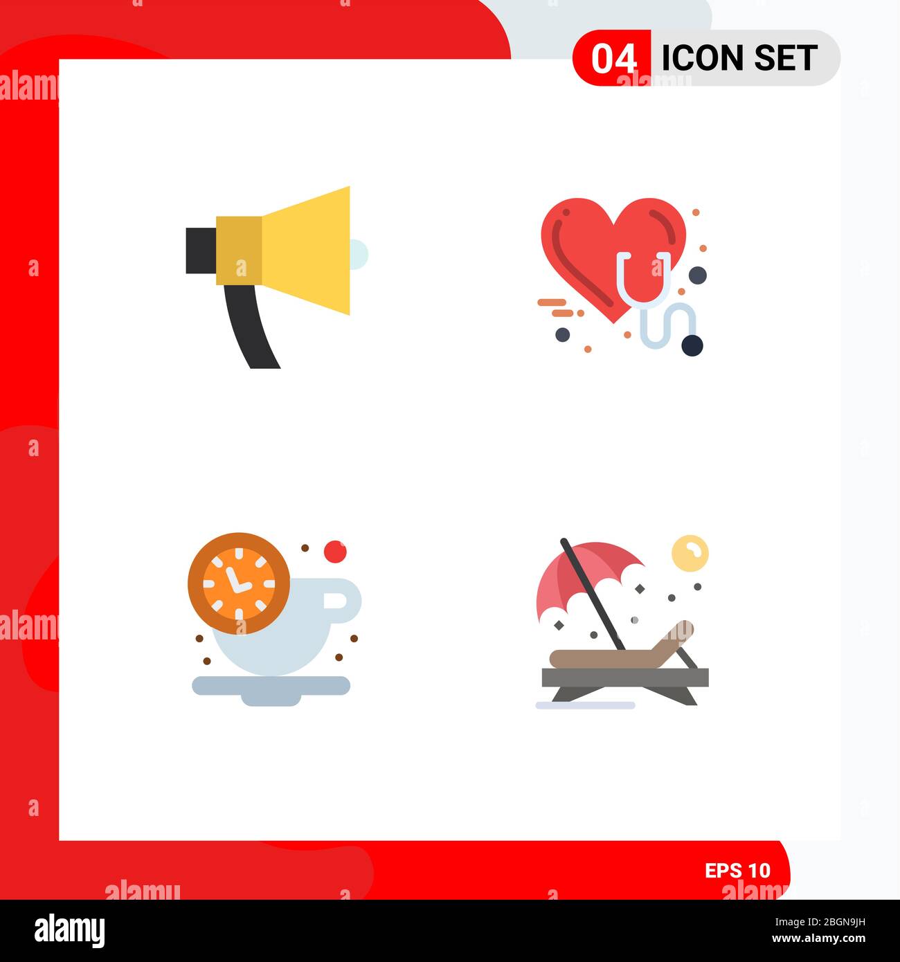 Set moderno di 4 icone piatte e simboli come ad, cuore, megaphone, salute, caffè Editable Vector Design Elements Illustrazione Vettoriale