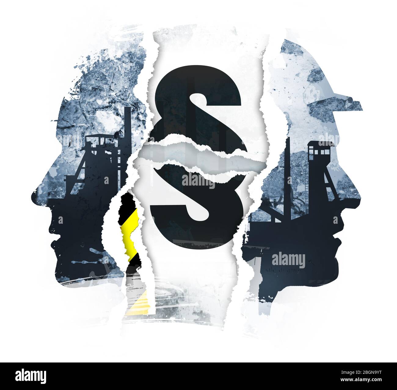 Lavoratori opere ironatrici, ingiustizia, paragrafo segno. Illustrazione della silhouette nera in acciaio su sfondo grunge, due silhouette per la testa operaio. Foto Stock