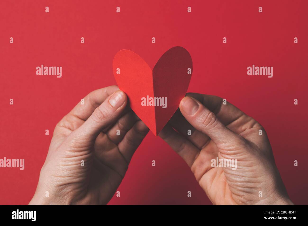 Mano femmina che tiene una carta rossa tagliato il cuore su uno sfondo rosso normale. Foto Stock